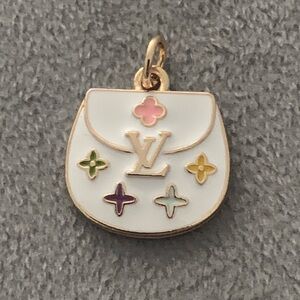 Upcycled White with multi-colored flowers Enamel Bag Charm Pendant
